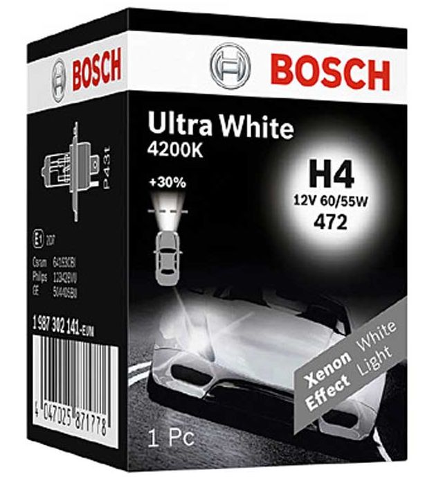 Лампа галогенная H4 60/55W 4200K 12V Bosch Ultra White 1987302141